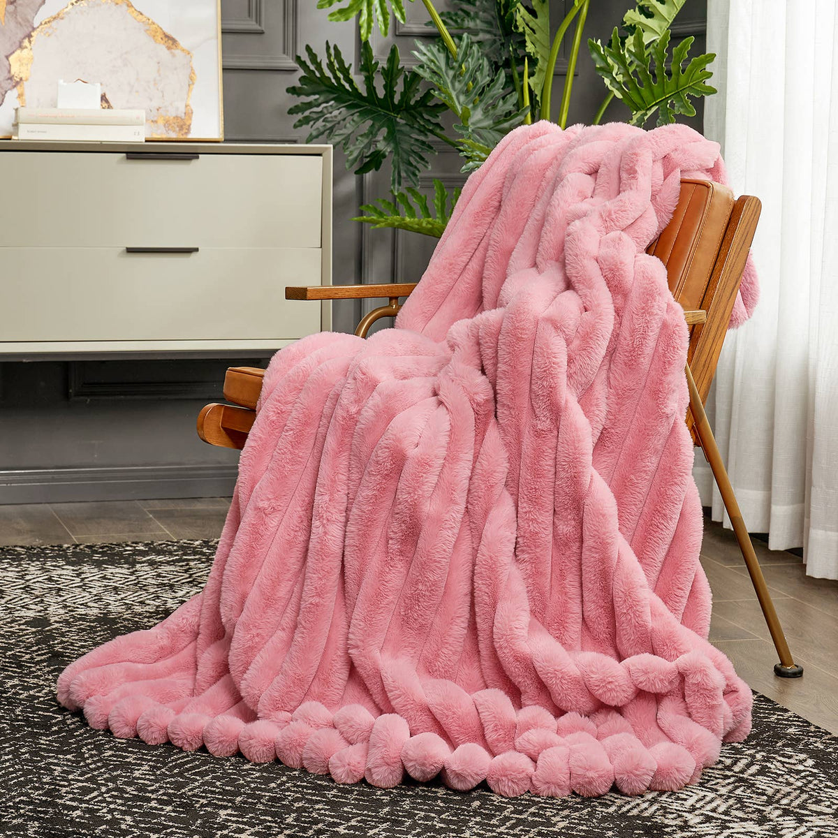 Faux Fur Bubble Warm Plush Throw Blanket - Pink
