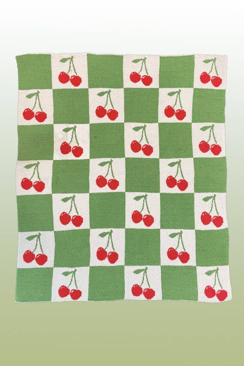 Luxe Blanket - Green Checkered Cherry Design