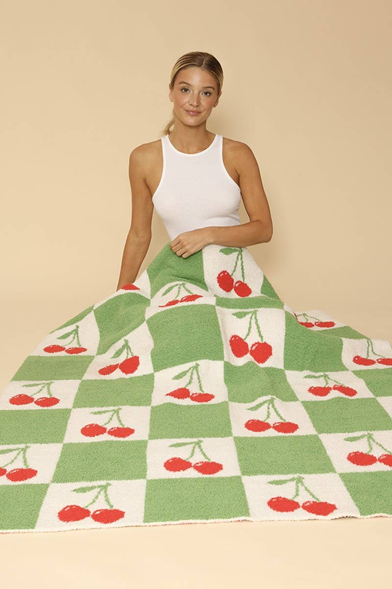 Luxe Blanket - Green Checkered Cherry Design