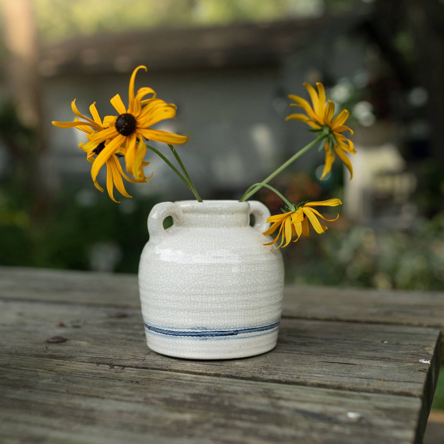 Edaline Vintage Crackle Ceramic Blue Stripe Vase w/ Handles