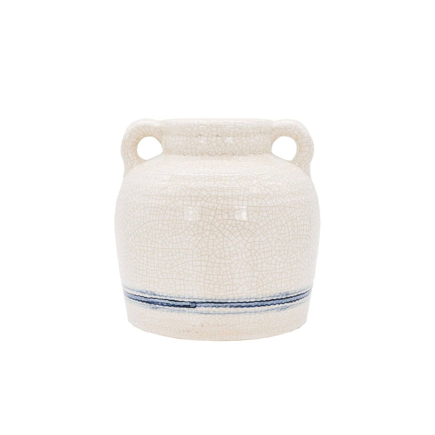 Edaline Vintage Crackle Ceramic Blue Stripe Vase w/ Handles