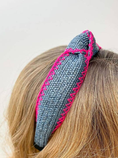 Stitched Raffia Knotted Headbands: Navy