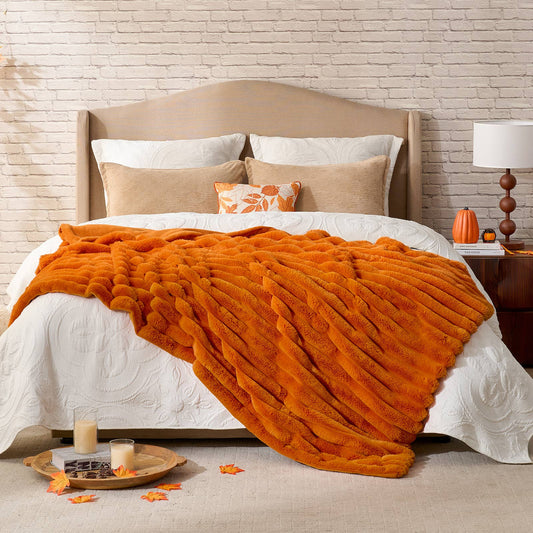 Faux Fur Bubble Warm Plush Throw Blanket - Orange
