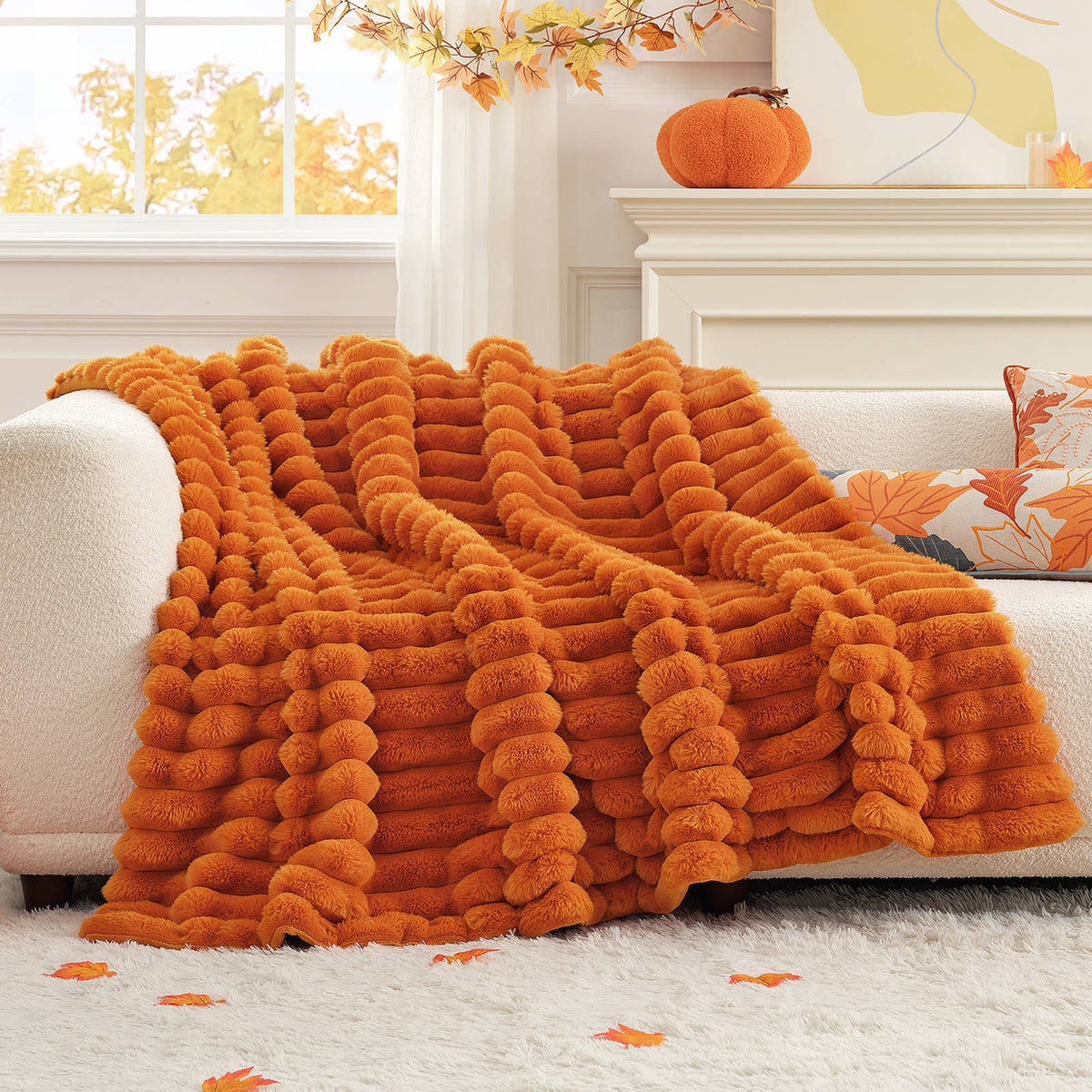 Faux Fur Bubble Warm Plush Throw Blanket - Orange