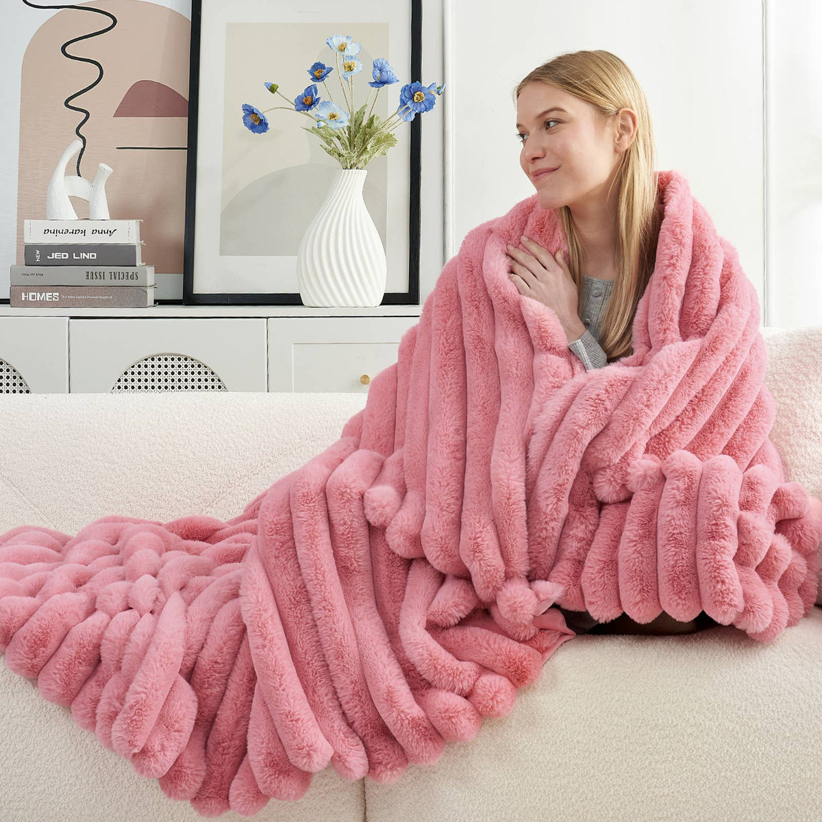 Faux Fur Bubble Warm Plush Throw Blanket - Pink