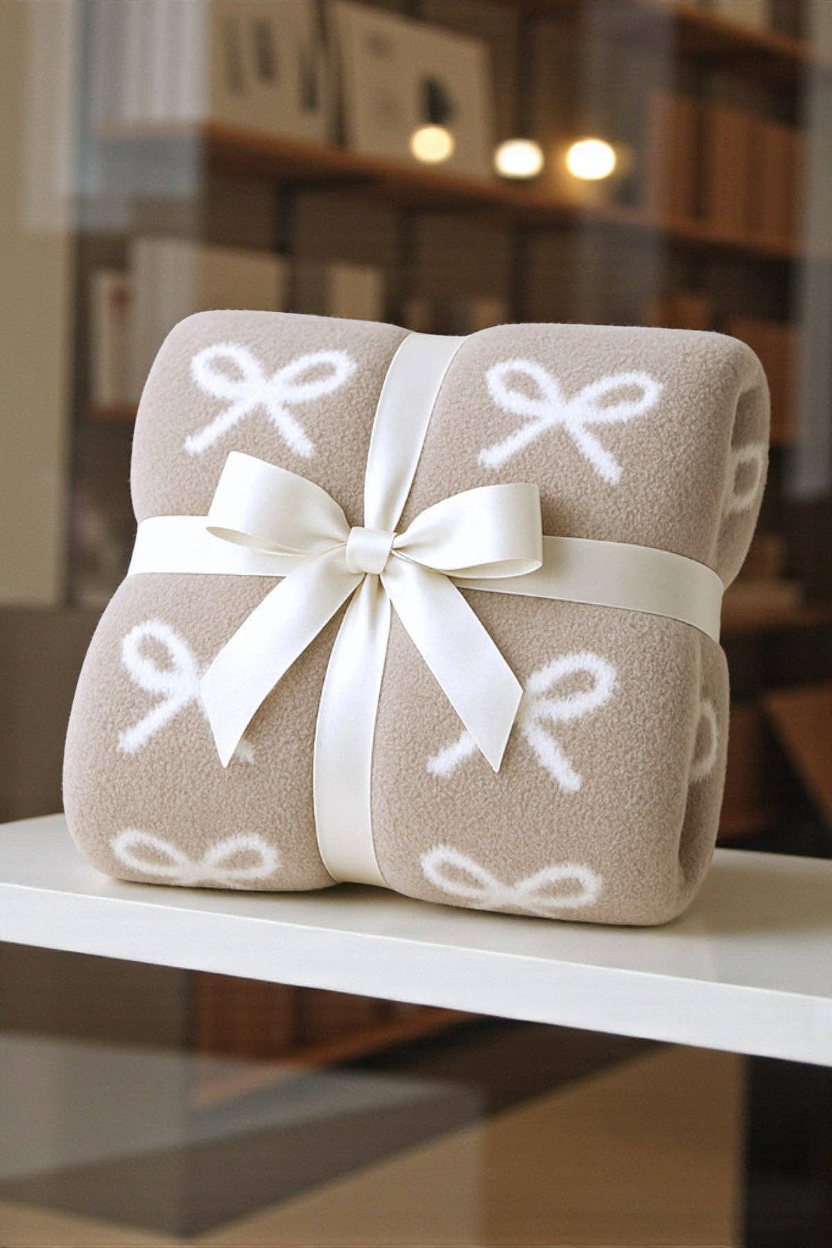 LUXE Taupe and Cream Bow Blanket