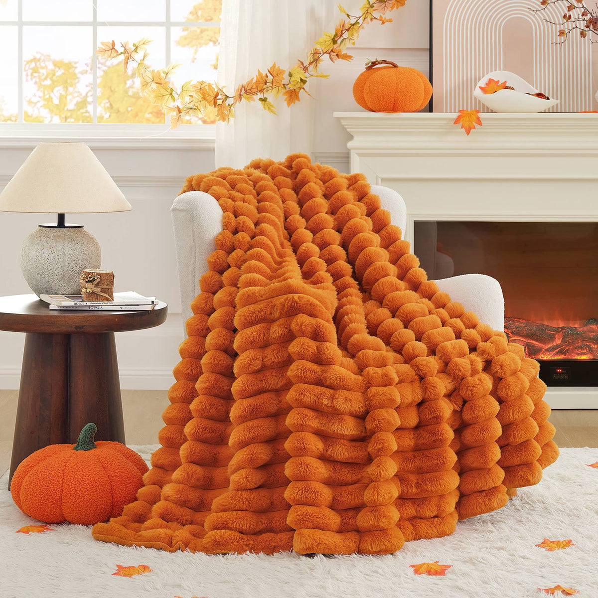 Faux Fur Bubble Warm Plush Throw Blanket - Orange