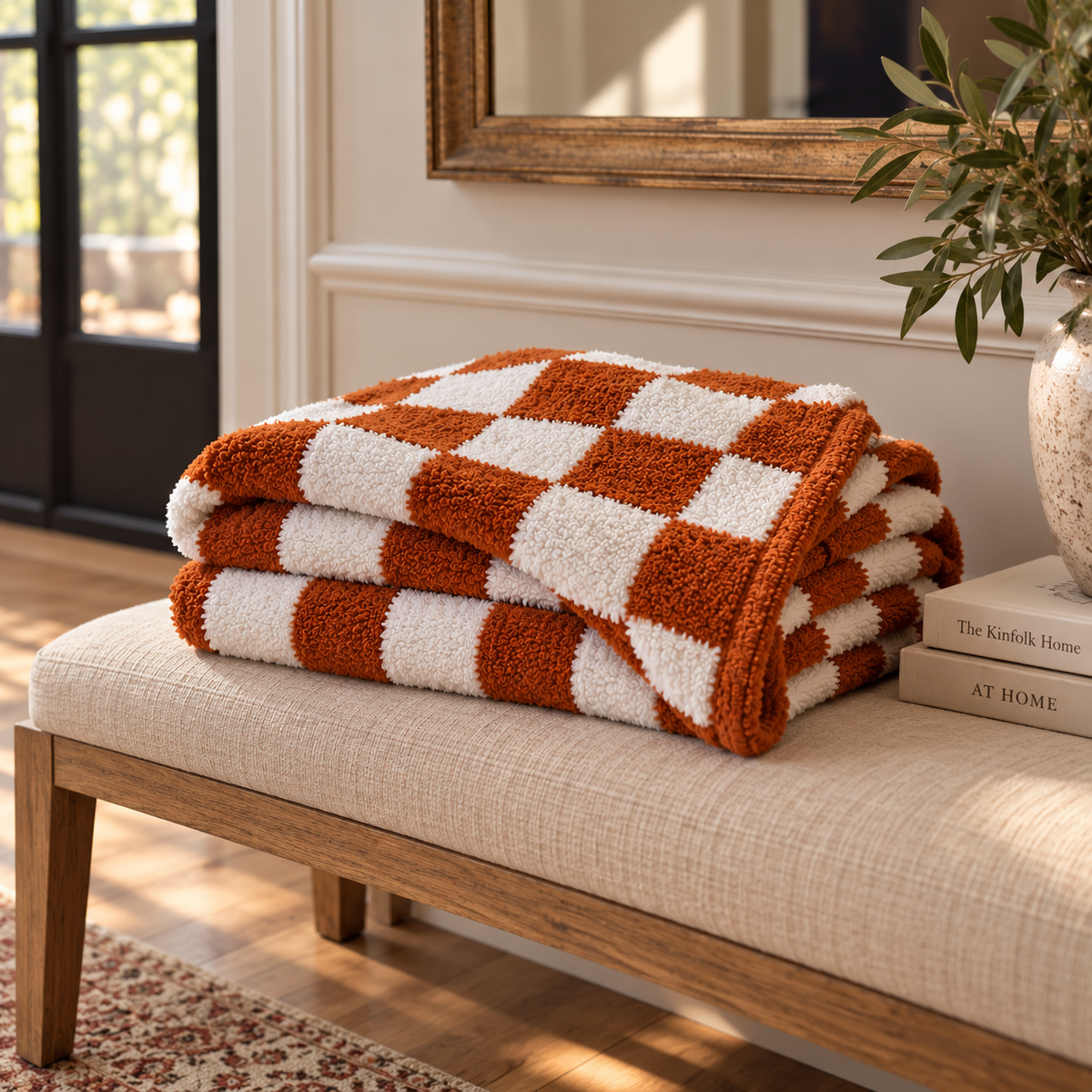Luxe Checkered Throw Blanket – Burnt Orange (Preorder)