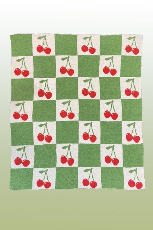 Luxe Blanket - Green Checkered Cherry Design