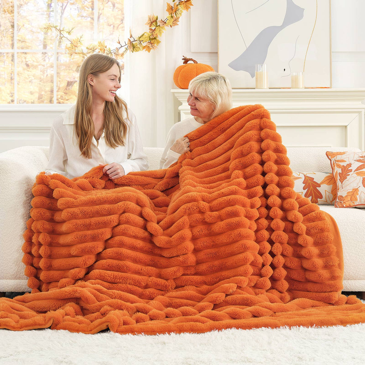 Faux Fur Bubble Warm Plush Throw Blanket - Orange