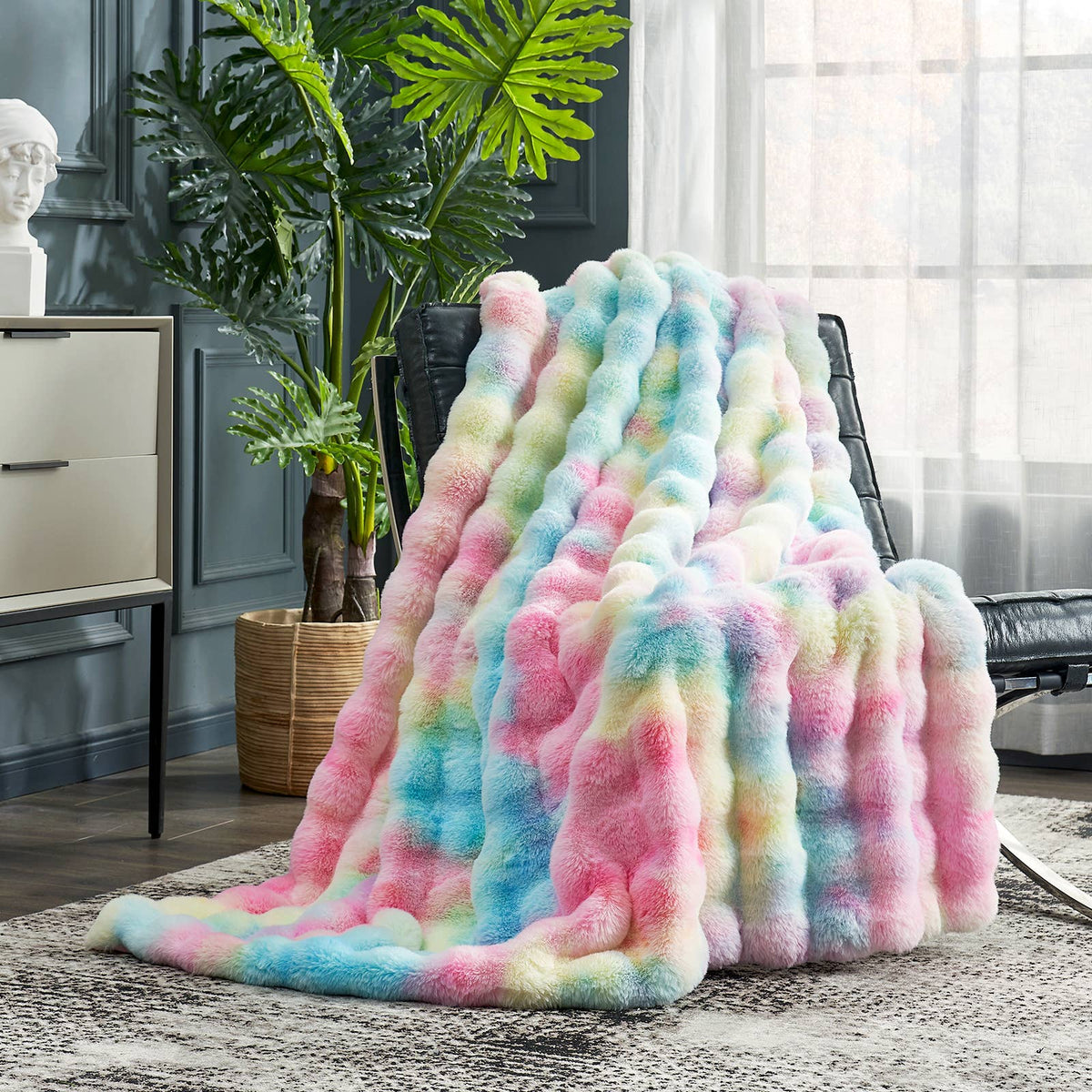 Faux Fur Bubble Throw Blankets, Colorful Tie-dye